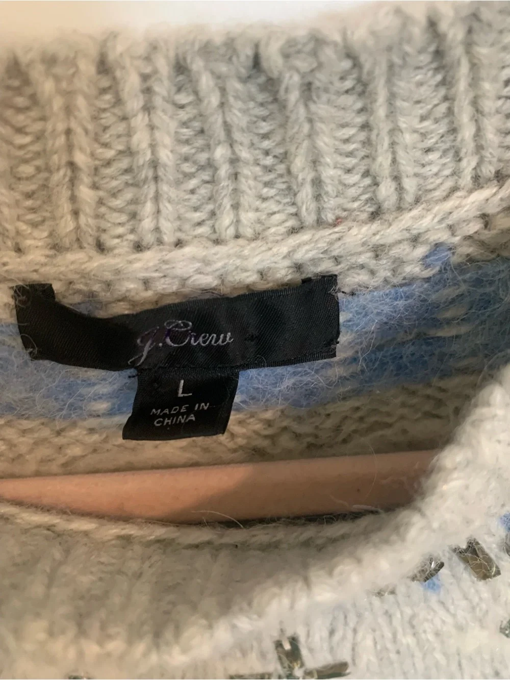 J. Crew Embellished Fair Isle Crewneck Sweater - Light Gray & Pale Blue